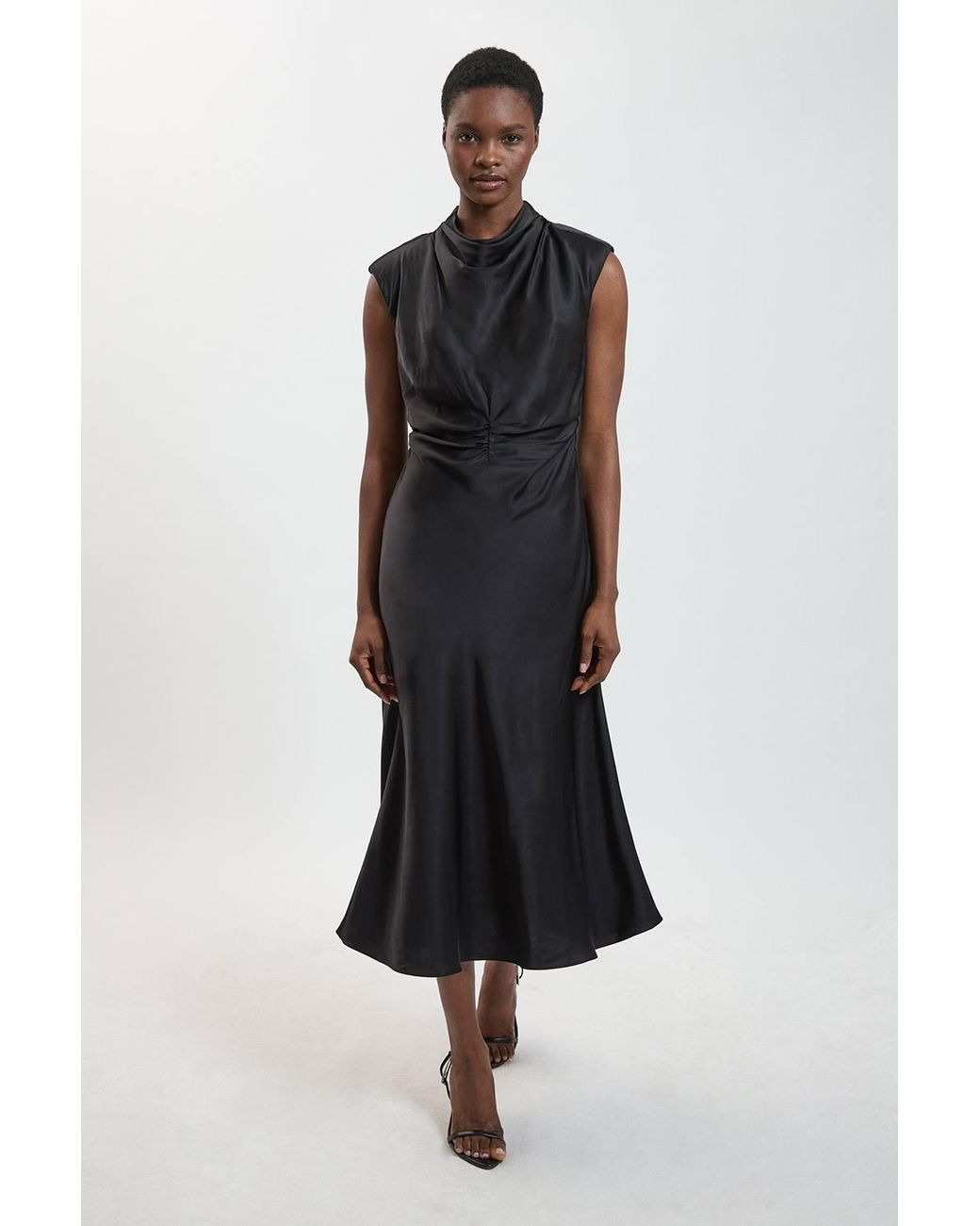 Karen Millen Black Viscose Satin Ruched Cowl Neck Midi Dress