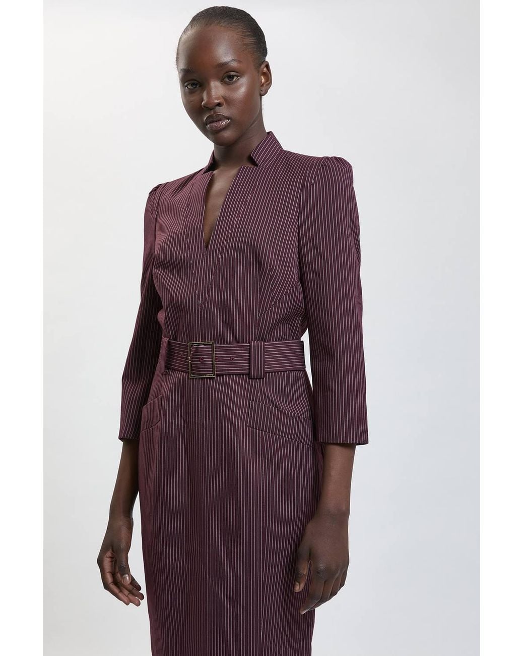 Karen Millen Purple Pinstripe Forever Pencil Midi Dress