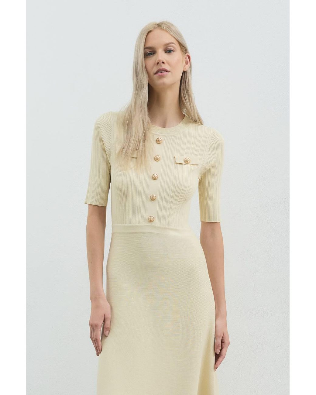 Karen Millen White Petite Forever Rib Knit Military Trim Maxi Dress
