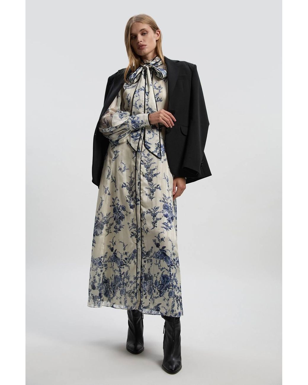 Karen Millen Blue Floral Print Tie Neck Woven Balloon Sleeve Midaxi Dress
