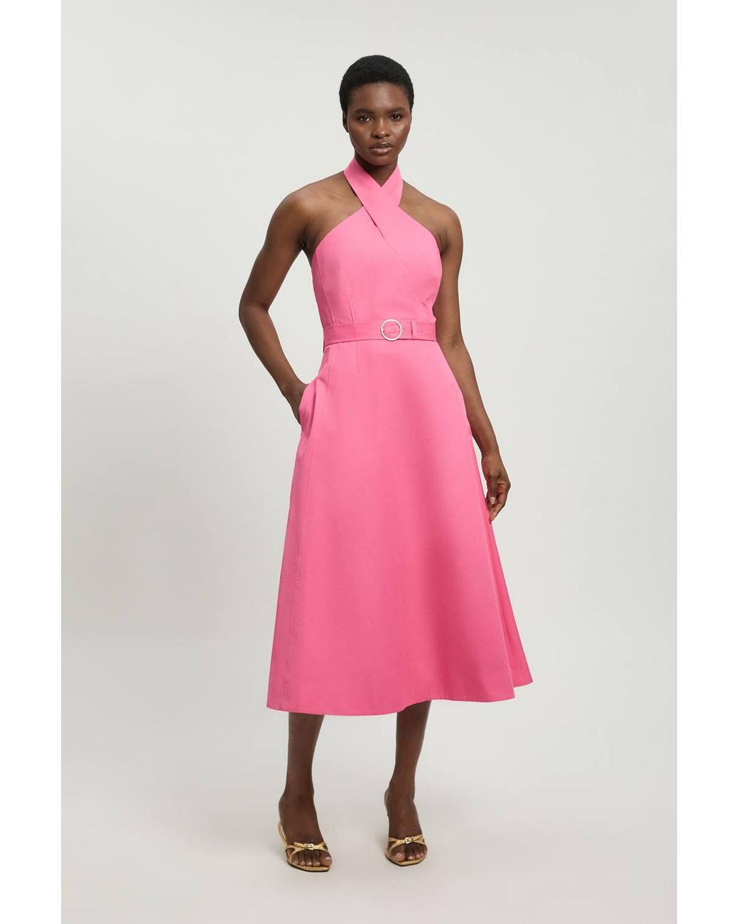Karen Millen Pink Petite Tailored Cotton Sateen Halter Full Midi Dress