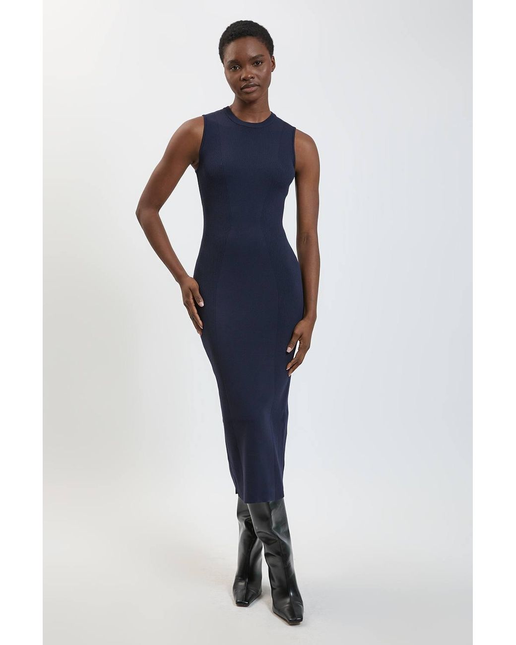 Karen Millen Blue Rib Knitted Crew Neck Midi Dress