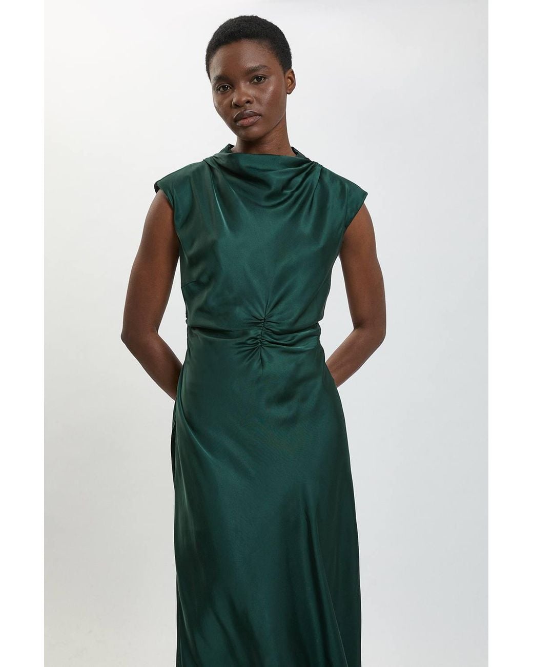 Karen Millen Green Viscose Satin Ruched Cowl Neck Midi Dress
