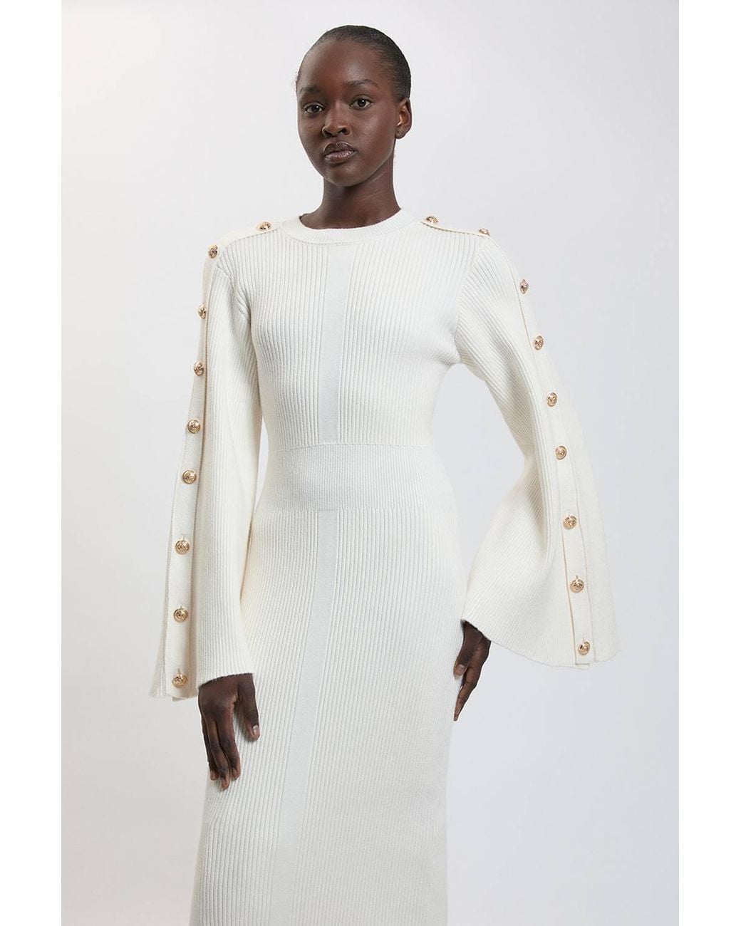 Karen Millen White Military Button Up Sleeved Knitted Midi Dress