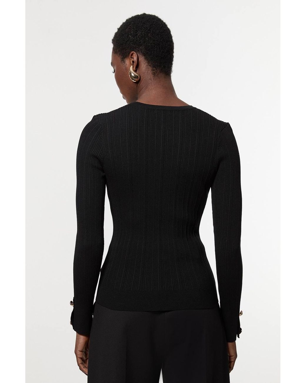 Karen Millen Blue Forever Military Trim Rib Long Sleeve Knit Top