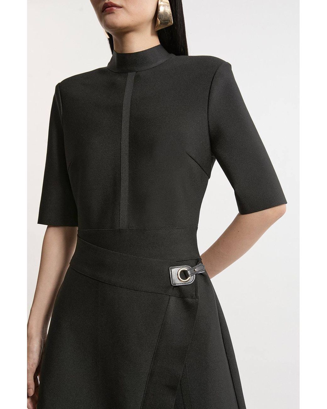 Karen Millen Black Figure Form Bandage Asymmetric Knit Midi Dress
