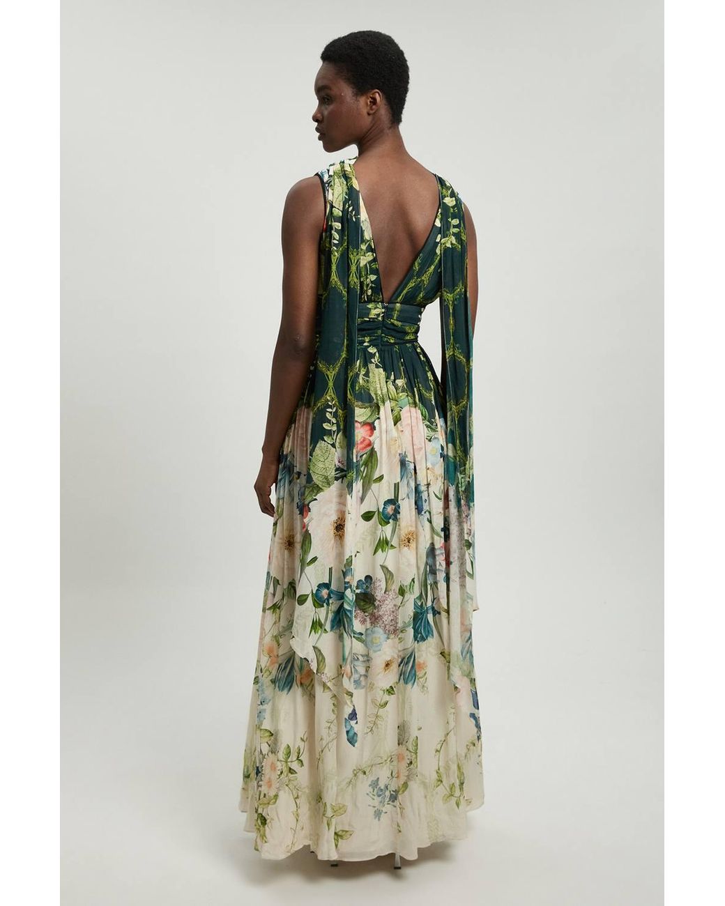 Karen Millen Green Crinkle Georgette Floral Print Halter Neck Woven Maxi Dress