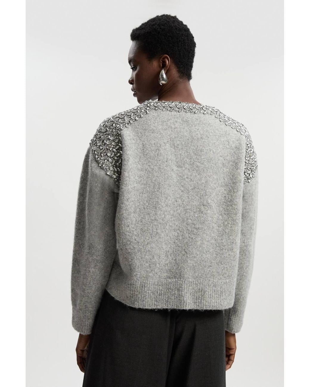 Karen Millen Gray Embellished Trim Cosy Knit Jumper