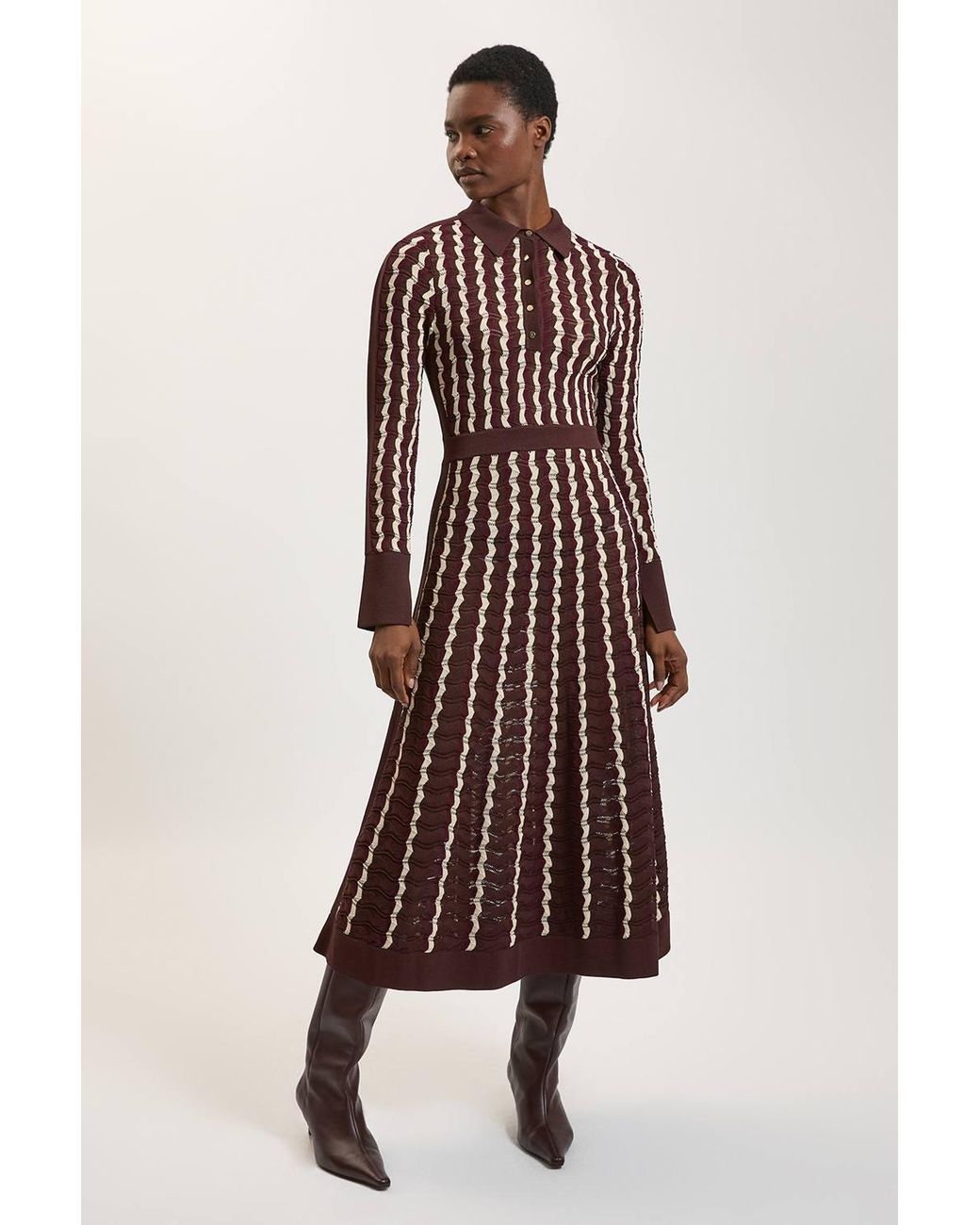 Karen Millen Knit Pointelle Contrast Collared Midi Dress