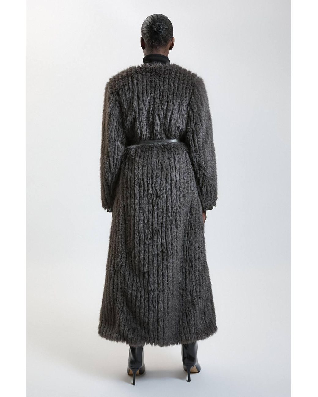 Karen Millen Black Textured Faux Fur Belted Collarless Long Coat