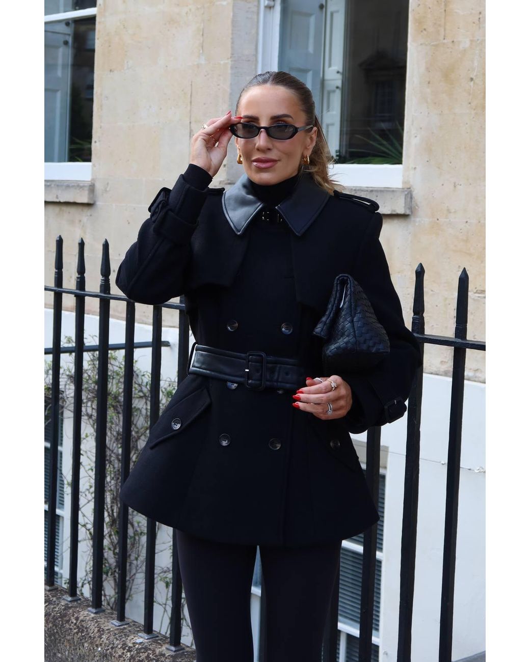 Karen Millen Black Wool & Faux Leather Detail Short Pea Coat
