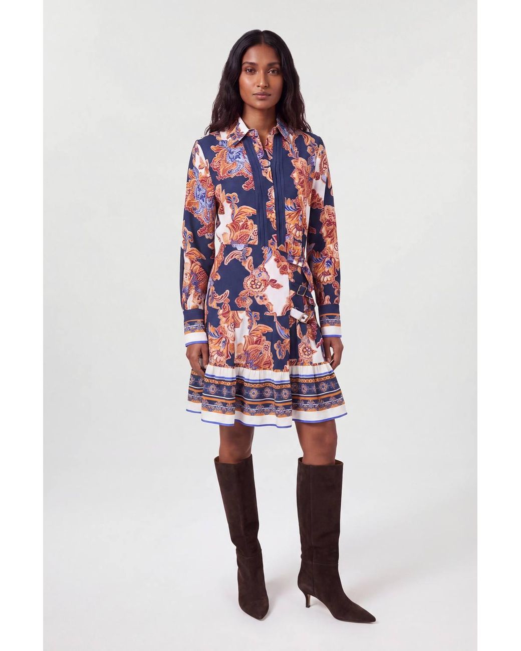 Karen Millen Red Baroque Print Belt Detail Viscose Mini Shirt Dress