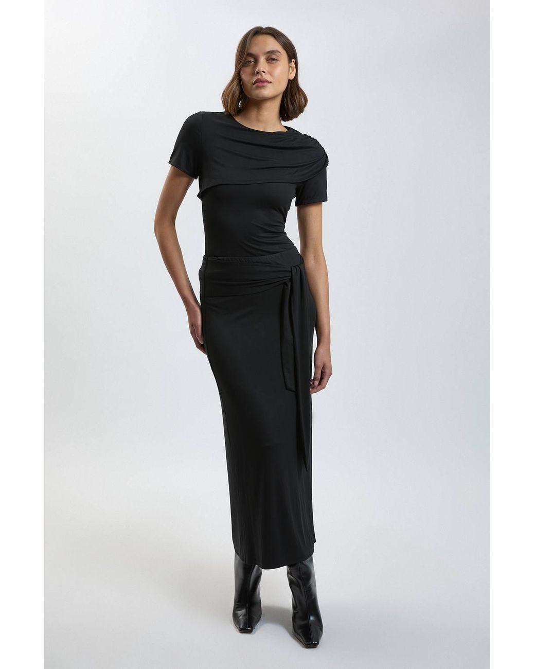 Karen Millen Black Viscose Jersey Tie Waist Midi Skirt