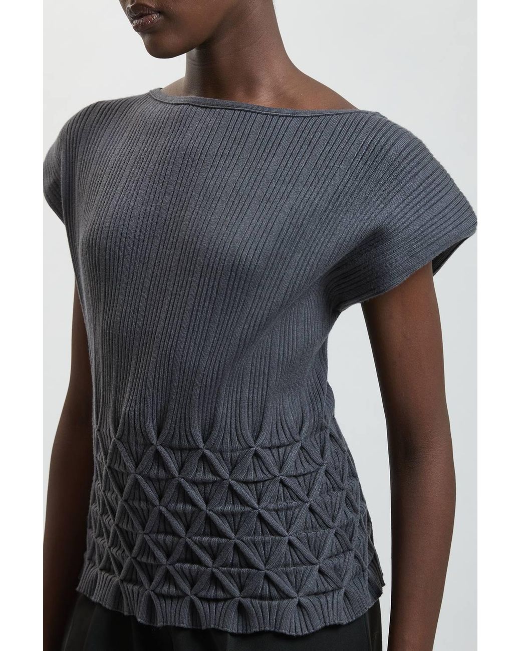 Karen Millen Blue Ribbed Knit Power Shoulder Top With Manipulated Stitch Detail