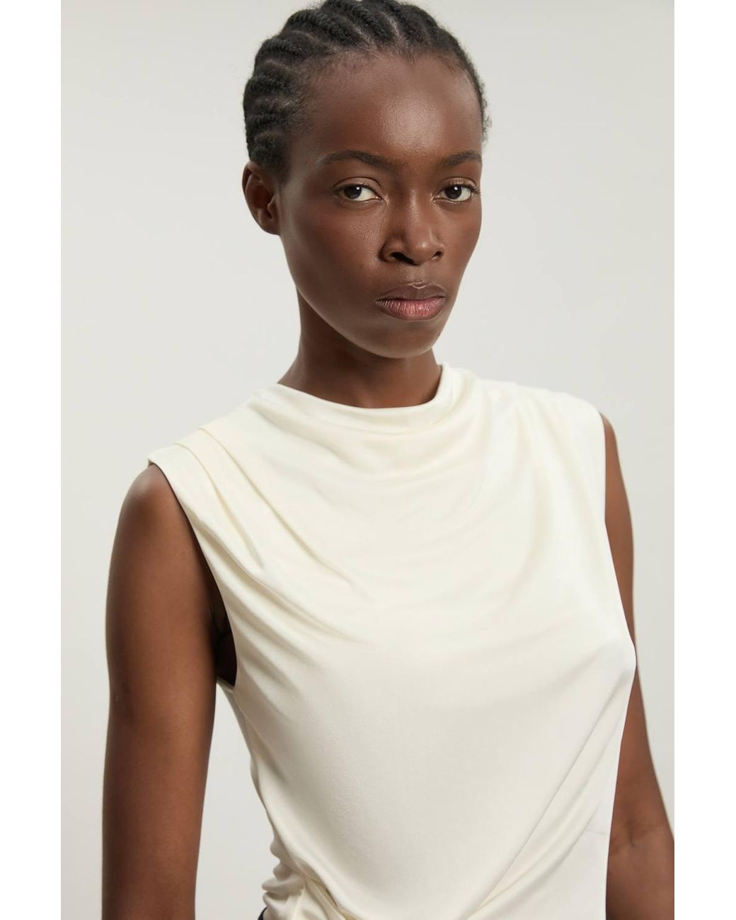 Karen Millen White Asymmetric Drape Viscose Crepe Neck Top With Tie Detail