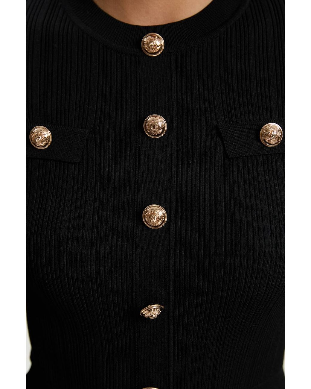 Karen Millen Black Viscose Blend Maxi Knit Dress With Chiffon Sleeve Military Trim