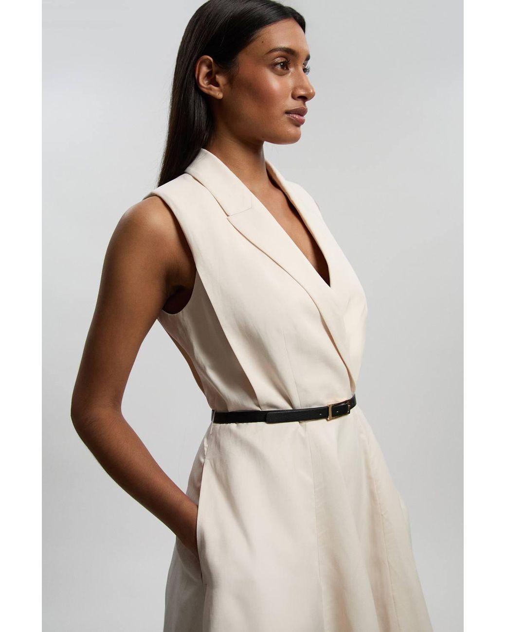 Karen Millen Natural Petite Premium Viscose Linen Tailored Belted Full Skirted Midi Dress