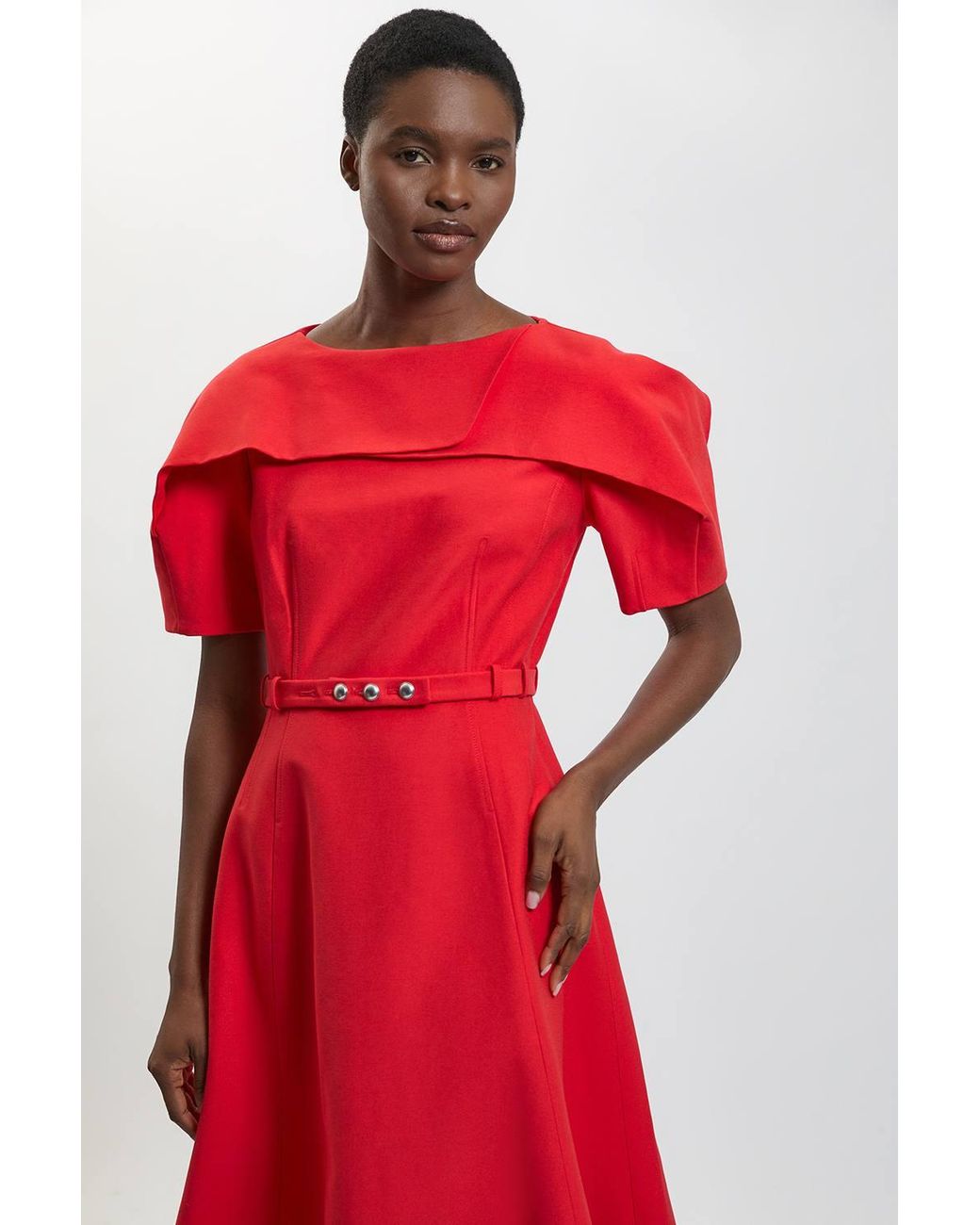 Karen Millen Red Polished Compact Rounded Full Skirted Midi Dress