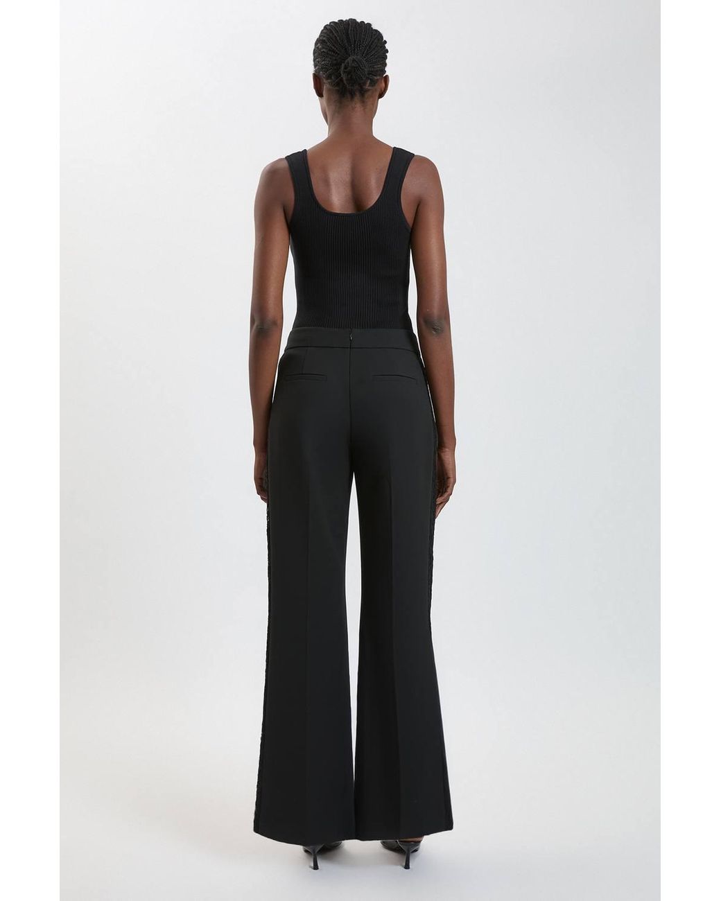 Karen Millen Black Compact Stretch Lace Mix Tailored Wide Leg Trouser
