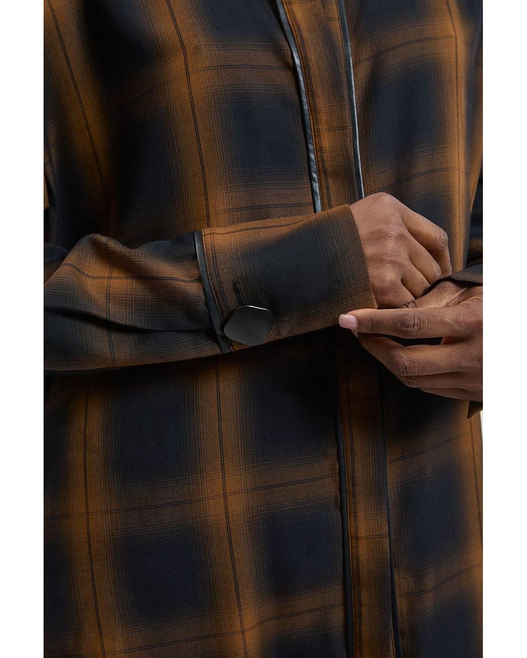 Karen Millen Black Check Pu Trim Detail Collared Shirt