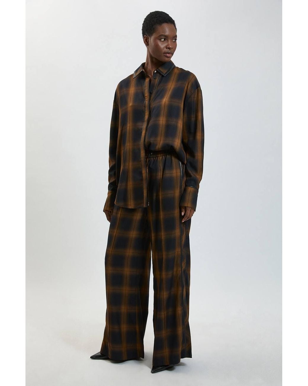 Karen Millen Black Check Pu Trim Detail Collared Shirt