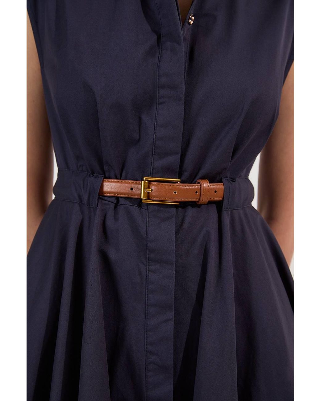 Karen Millen Blue Tailored Cotton Belted Collared Full Midi Dress