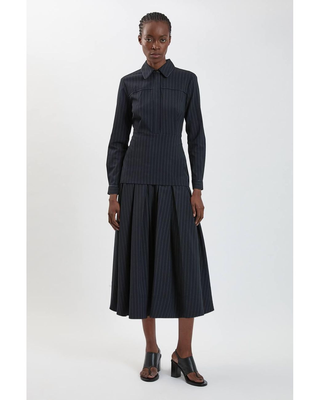 Karen Millen Blue Tailored Pinstripe Collared Maxi Dress