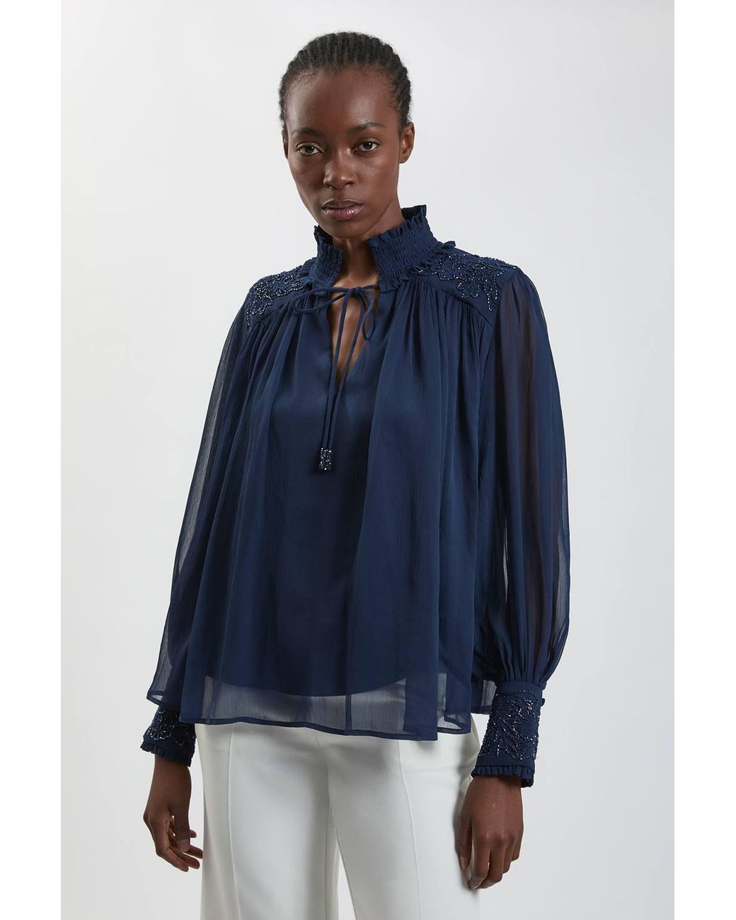 Karen Millen Blue Hand Embellished Georgette Blouse