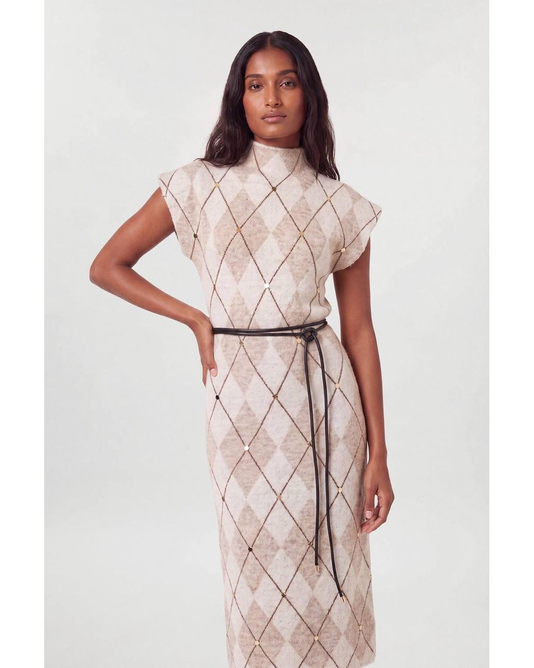 Karen Millen Natural Studded Argyle Wool Blend Cosy Knit Belted Midi Dress