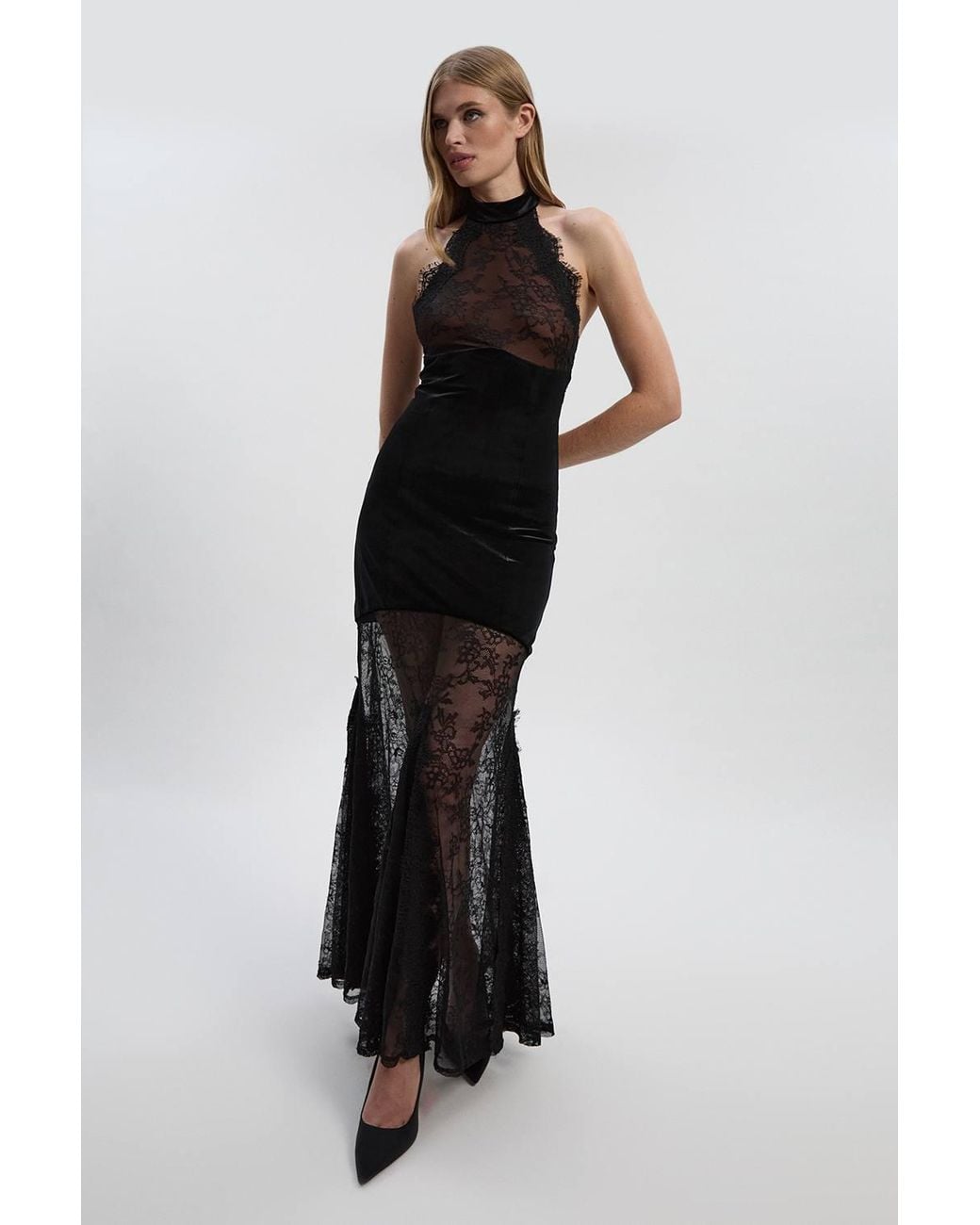 Karen Millen Black Lace With Velvet Detail Halter Neck Maxi Dress