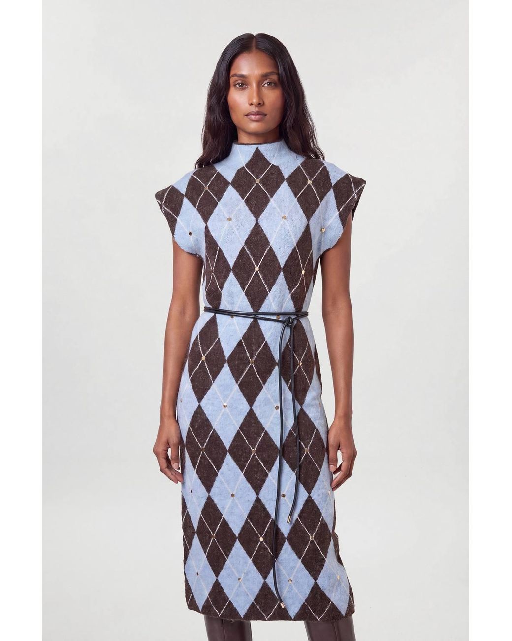 Karen Millen Blue Studded Argyle Wool Blend Cosy Knit Belted Midi Dress