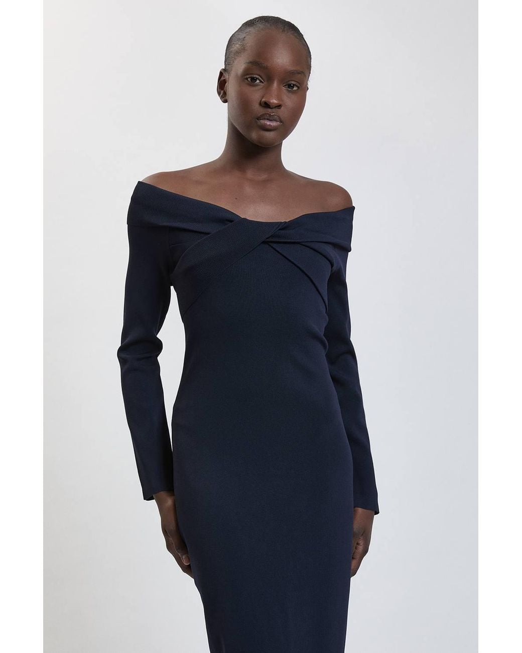 Karen Millen Blue Twist Front Viscose Knitted Bardot Midi Dress