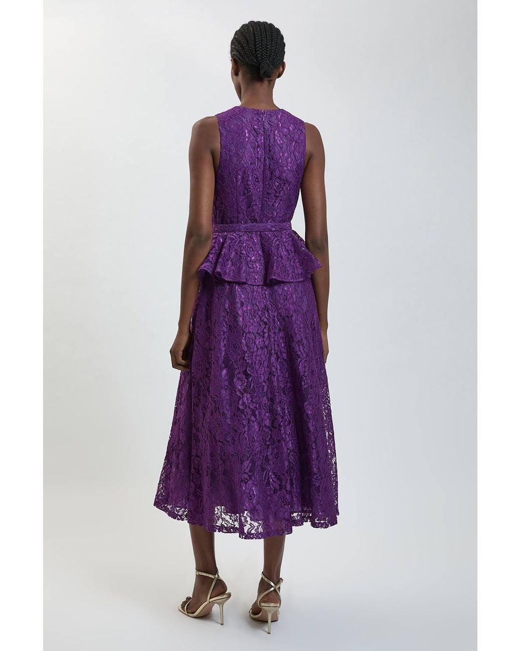 Karen Millen Purple Peplum Detail Belted Lace Midi Dress