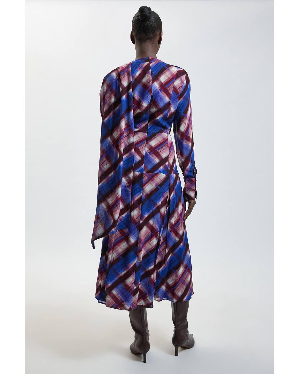 Karen Millen Blue Check Print Scarf Detail Viscose Woven Midi Dress