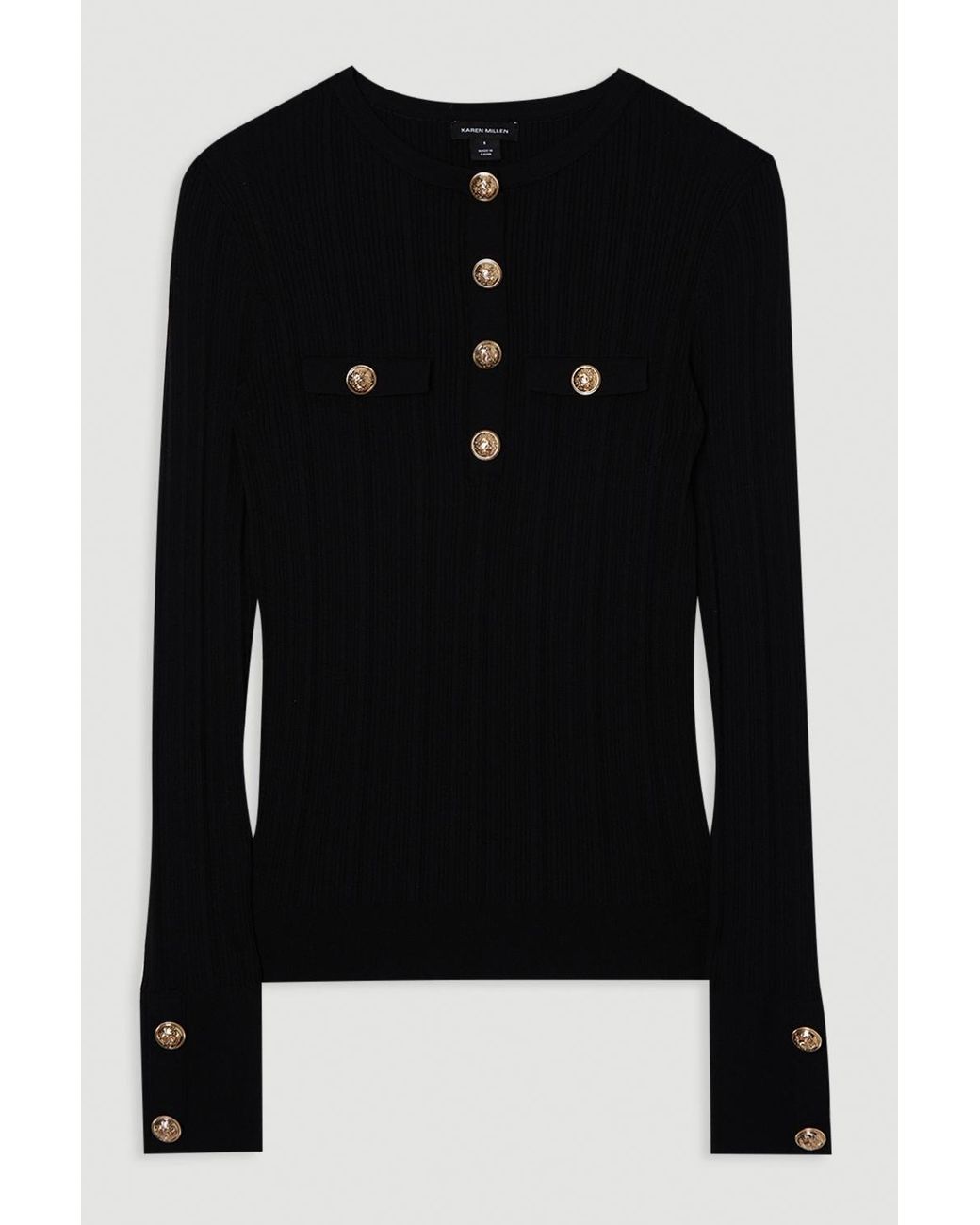 Karen Millen Black Plus Size Forever Military Trim Rib Long Sleeve Knit Top