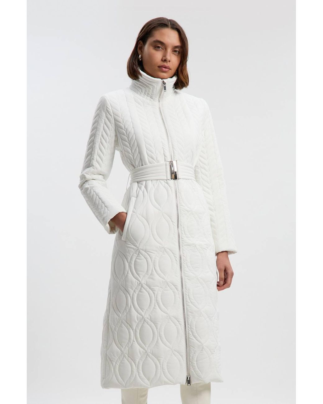 Karen Millen White Multi Stitch Detail Belted Padded Midi Coat
