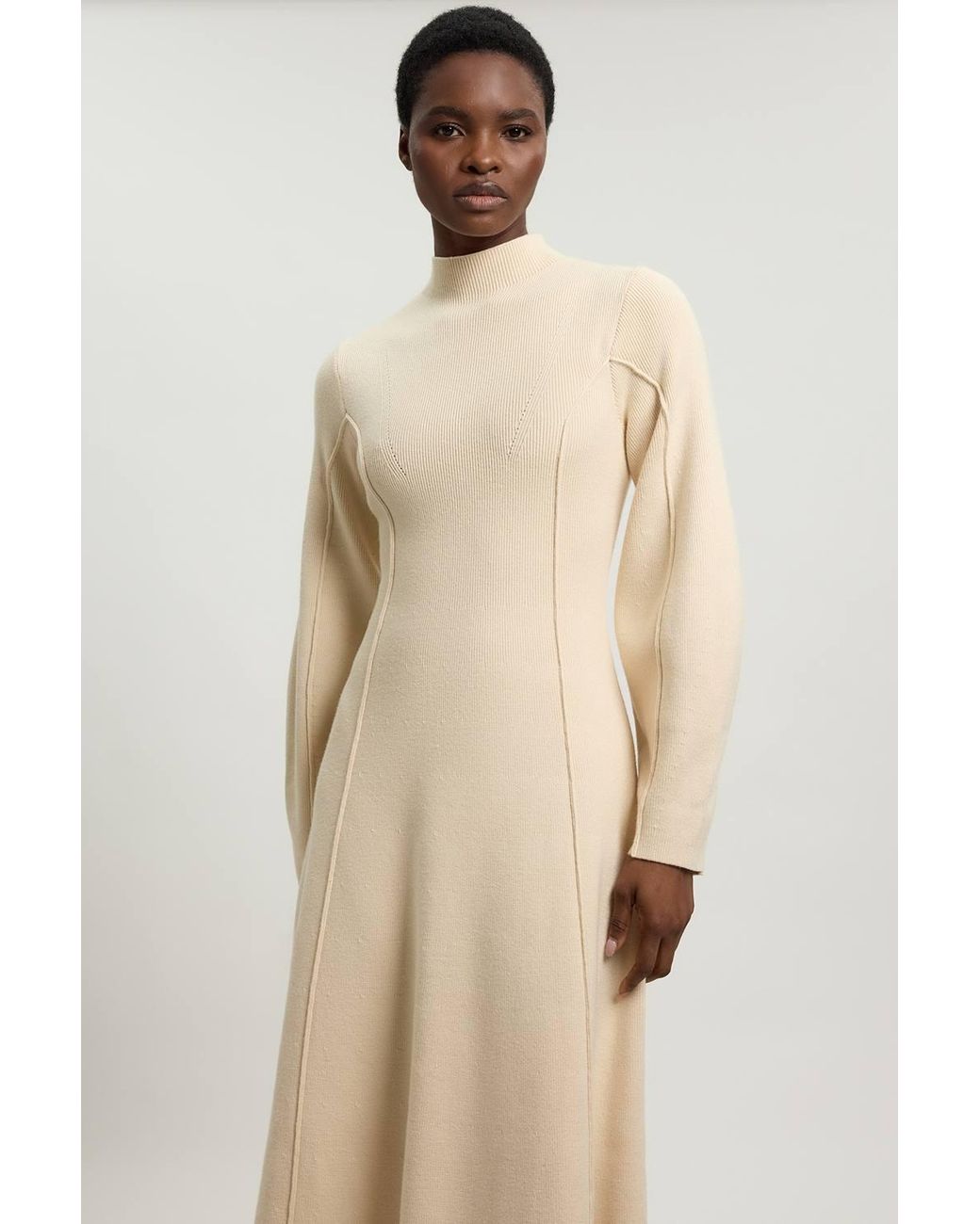 Karen Millen Natural Wool Look Rounded Sleeve High Neck Knit Midi Dress