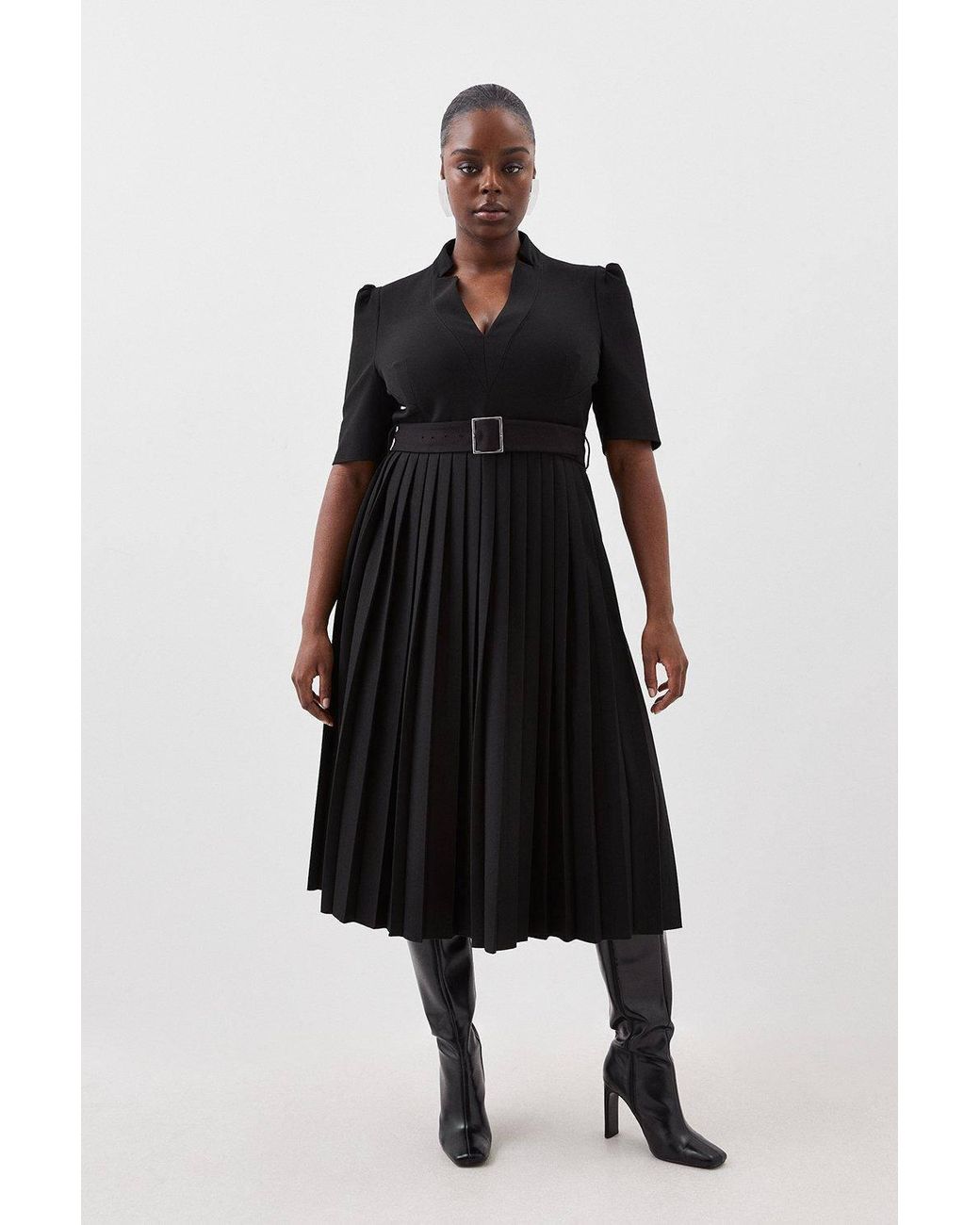 Karen Millen Black Plus Size Forever Structured Crepe Pleat Dress