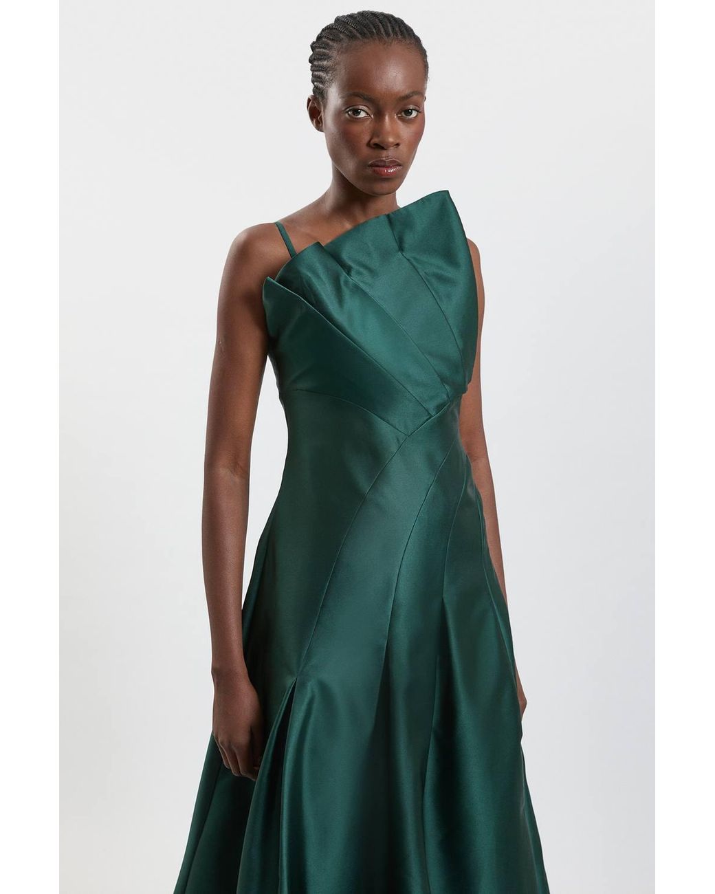 Karen Millen Green Structured Satin Asymmetric Full Maxi Dress