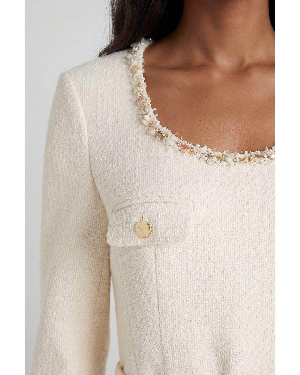 Karen Millen Natural Tweed Embellished Trim Tailored Belted Mini Dress