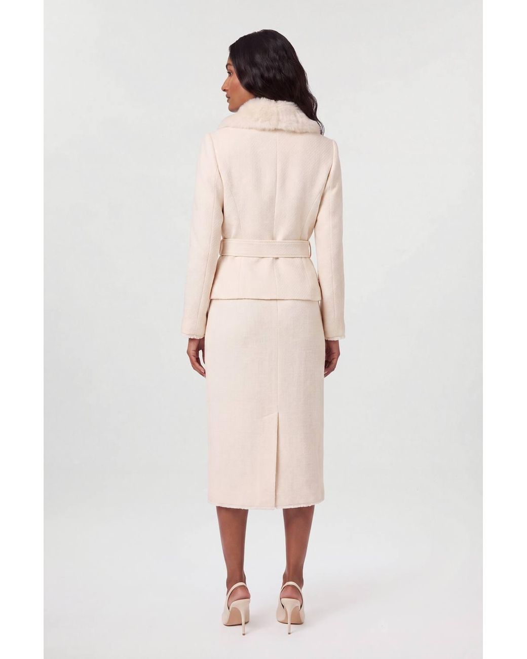 Karen Millen Natural Texture Tweed Detachable Faux Fur Collar Tailored Jacket