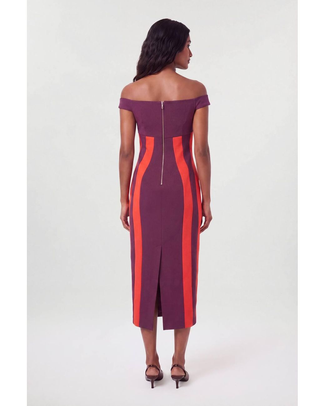 Karen Millen Red Compact Stretch Colour Block Bardot Midi Dress