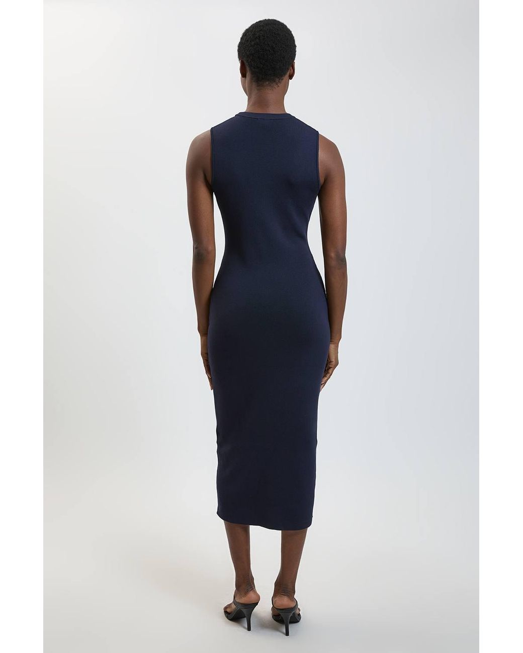 Karen Millen Blue Rib Knitted Crew Neck Midi Dress