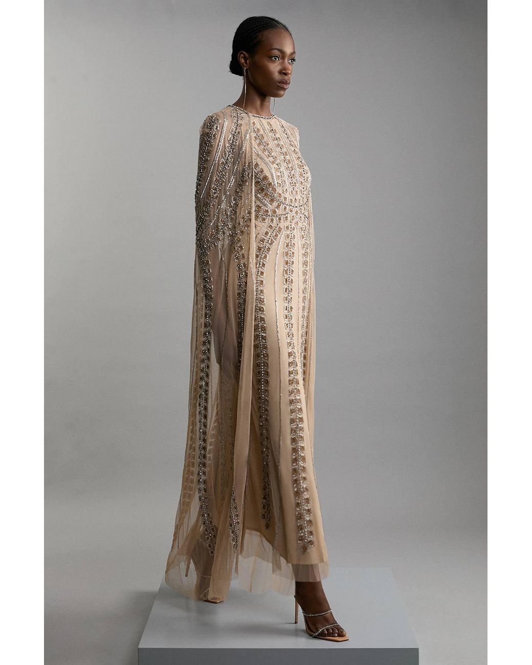 Karen Millen Brown Petite Premium Embellished Cape Maxi Dress