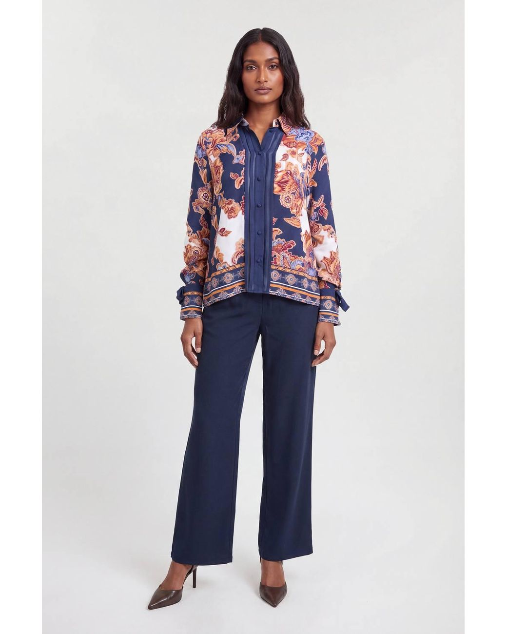 Karen Millen Blue Baroque Print Tie Sleeve Detail Viscose Shirt