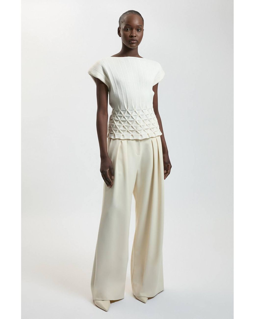 Karen Millen Natural Ribbed Knit Power Shoulder Top With Manipulated Stitch Detail