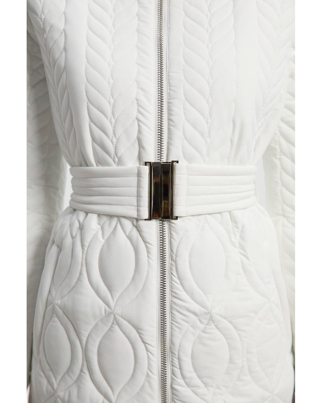 Karen Millen White Multi Stitch Detail Belted Padded Midi Coat