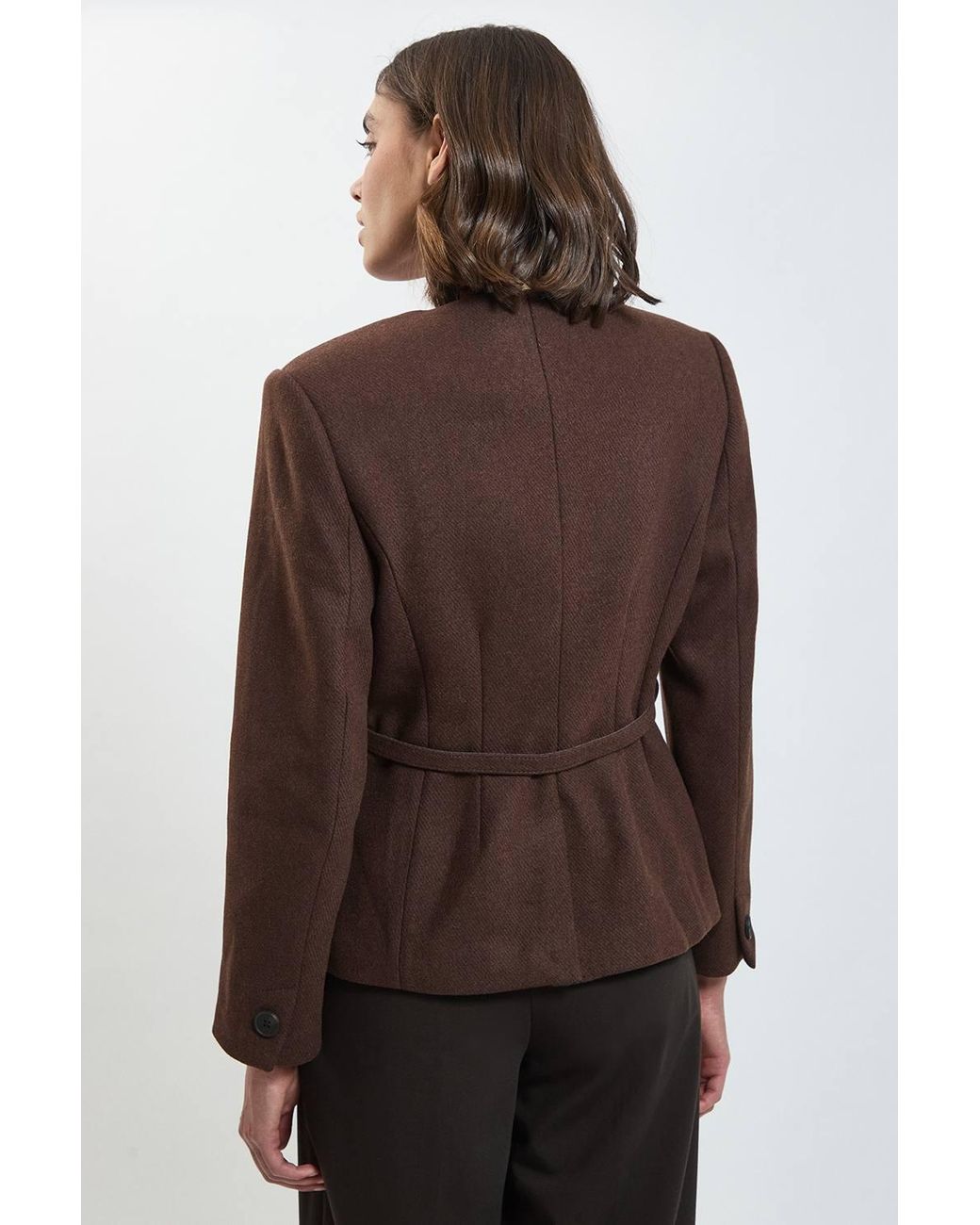 Karen Millen Brown Wool Blend Belted Collarless Tailored Coat