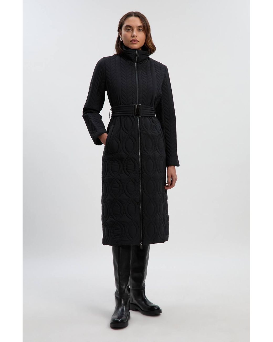 Karen Millen Black Multi Stitch Detail Belted Padded Midi Coat