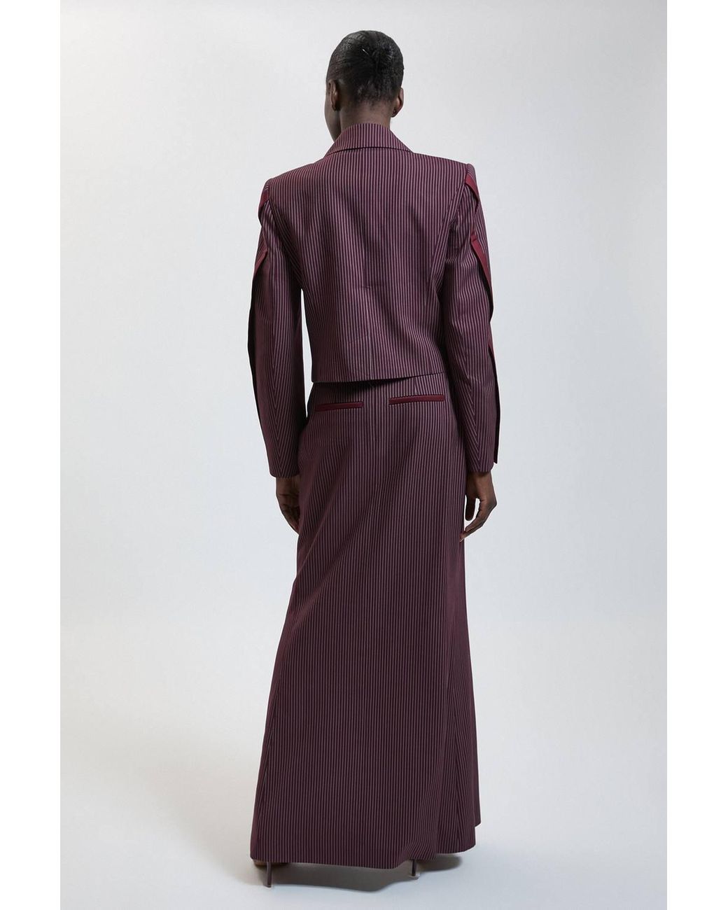 Karen Millen Purple Pinstripe Satin Mix Tailored Maxi Skirt